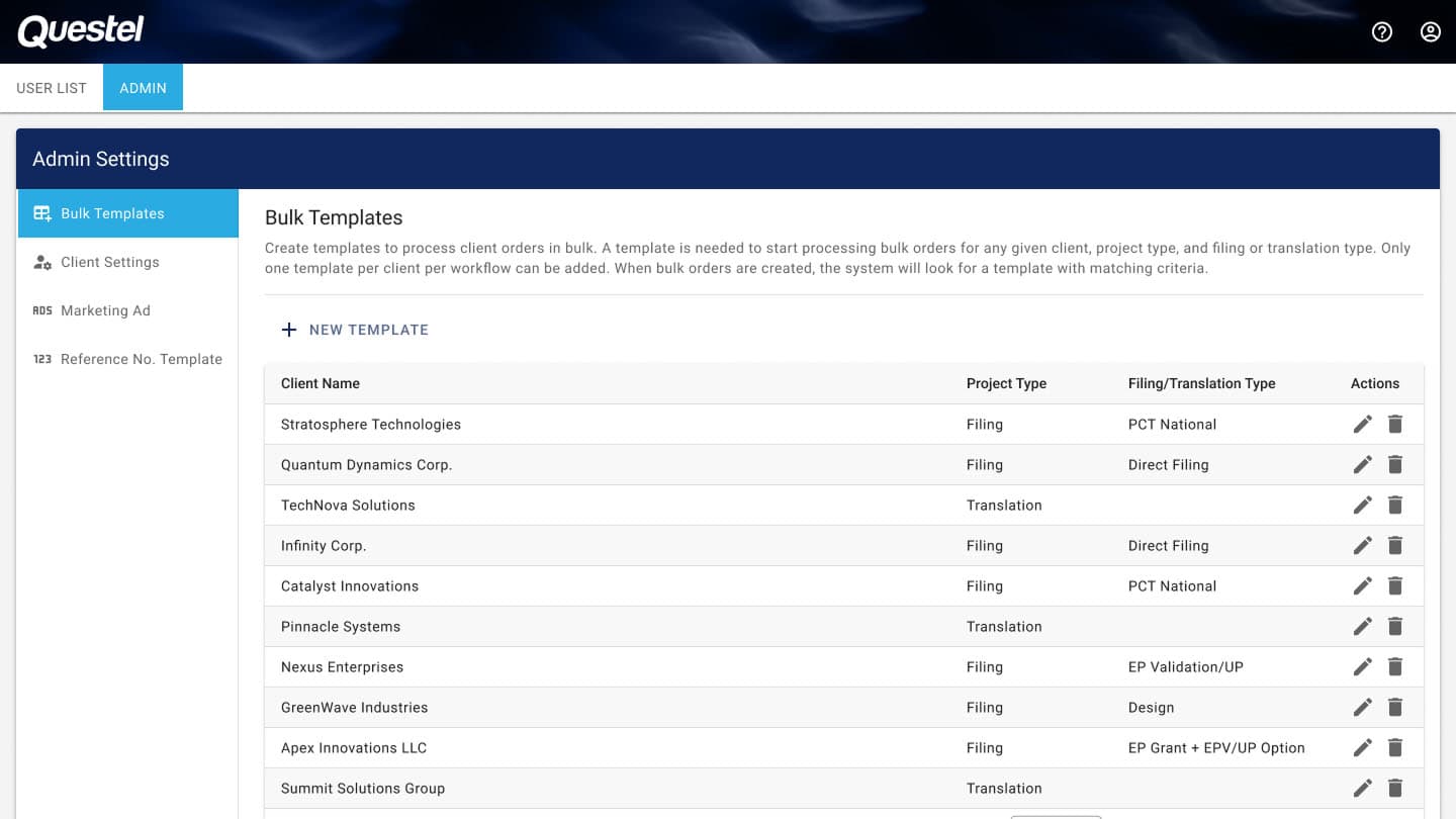 Questel Services Portal grid 1